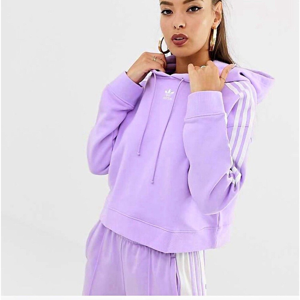 adidas Originals Womens Purple 3-Stripes Pullover cropped Hoodie Logo Size M
